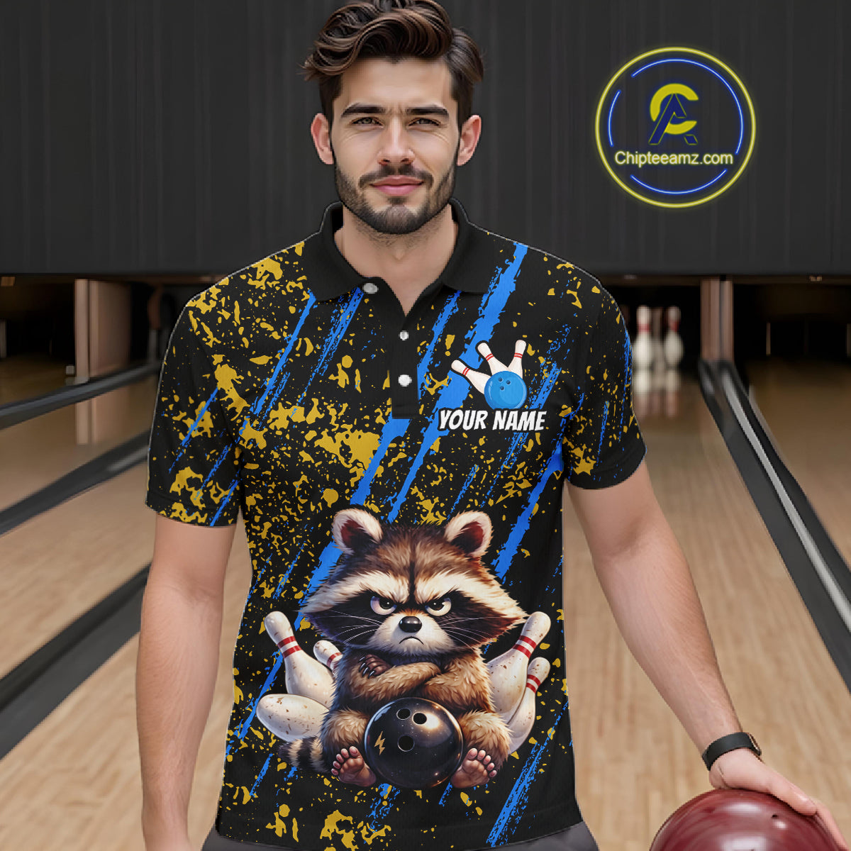 Custom Yellow & Blue Funny Raccoon Bowling Team Shirt for Men Bowling Jersey League Polo & 1/4-Zip QZT882