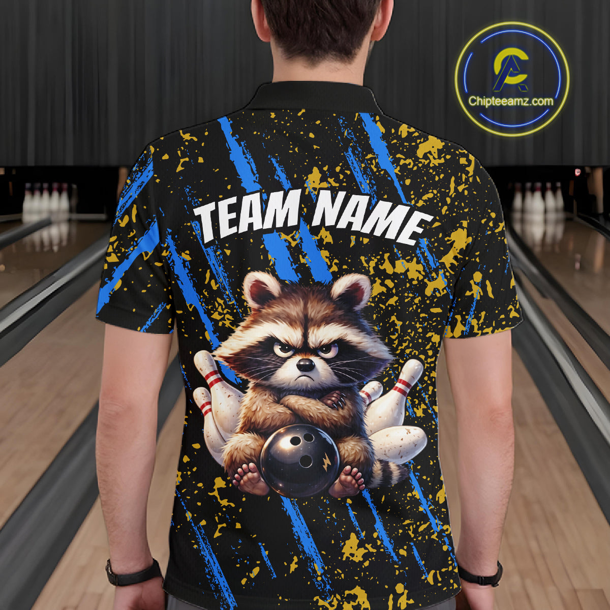 Custom Yellow & Blue Funny Raccoon Bowling Team Shirt for Men Bowling Jersey League Polo & 1/4-Zip QZT882