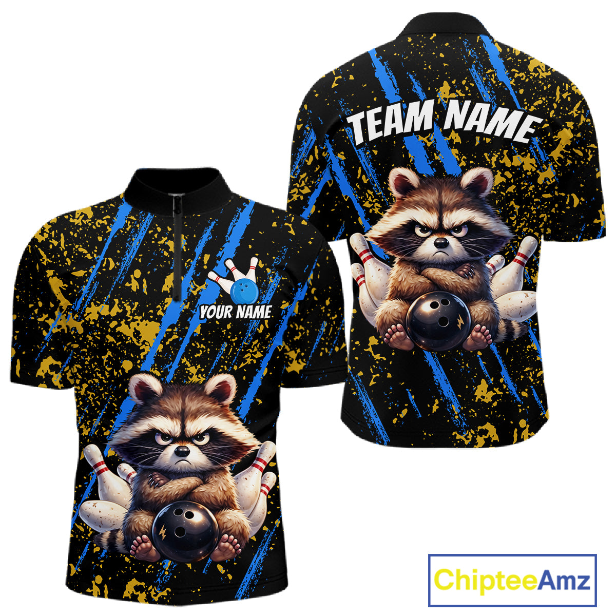 Custom Yellow & Blue Funny Raccoon Bowling Team Shirt for Men Bowling Jersey League Polo & 1/4-Zip QZT882