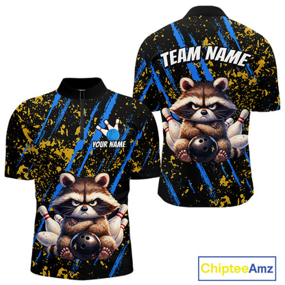 Custom Yellow & Blue Funny Raccoon Bowling Team Shirt for Men Bowling Jersey League Polo & 1/4-Zip QZT882
