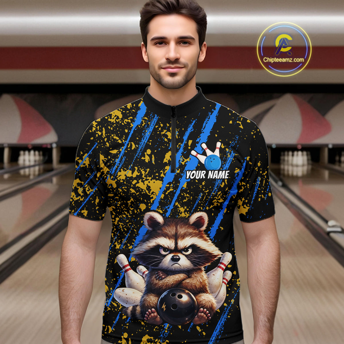 Custom Yellow & Blue Funny Raccoon Bowling Team Shirt for Men Bowling Jersey League Polo & 1/4-Zip QZT882