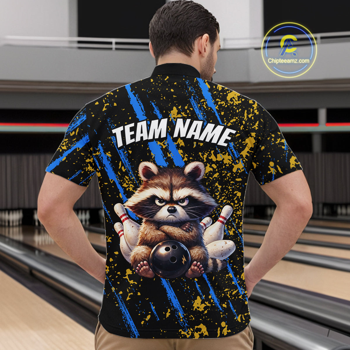 Custom Yellow & Blue Funny Raccoon Bowling Team Shirt for Men Bowling Jersey League Polo & 1/4-Zip QZT882