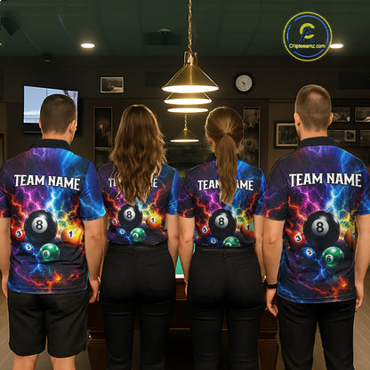 Four people wearing matching sports jerseys with colorful ball designs and 'Team Name' text in a casual setting.
