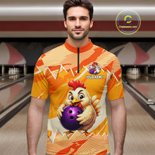 Load image into Gallery viewer, Man wearing a bowling jersey with a cartoon chicken holding a bowling ball design in a bowling alley.