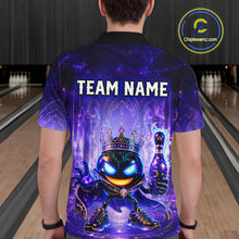 Load image into Gallery viewer, Person wearing a vibrant bowling shirt with a team name placeholder at a bowling alley.