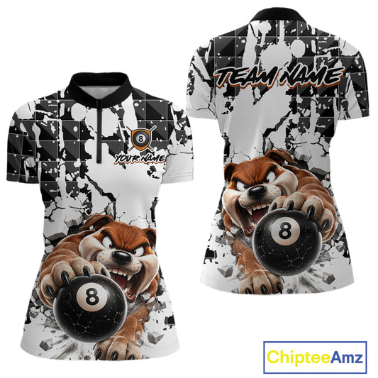Two views of quarter-zip shirts with bulldog design holding 8-ball on a white background, featuring 'Chiptee Amz' branding.