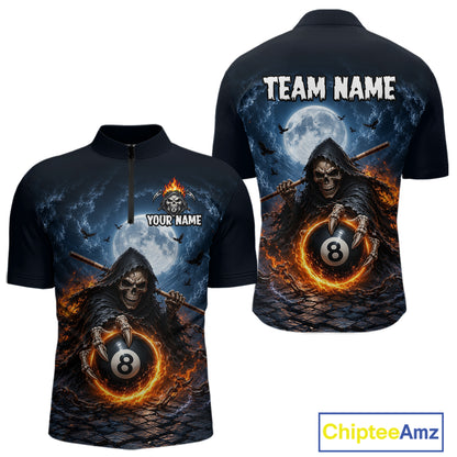 A black short-sleeve quarter-zip shirt shown from the front and back, featuring a large graphic print of a grim reaper holding an 8-ball with flames, a full moon, bats, and the text 'TEAM NAME' and 'YOUR NAME'. 