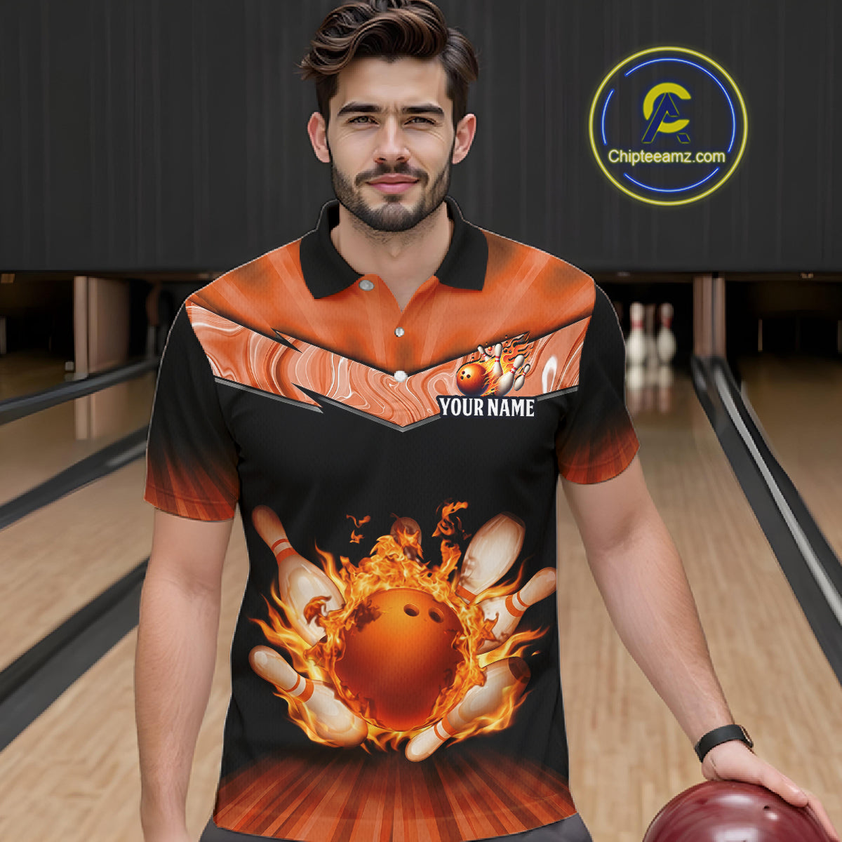 Orange Flame Bowling Team Shirt Customized Polo & Quarter-Zip Bowling Team Jersey for Men QZT838
