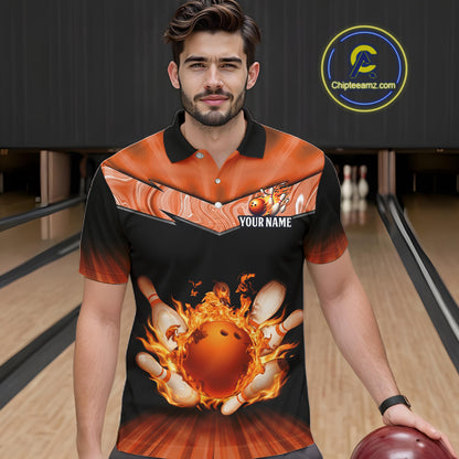 Orange Flame Bowling Team Shirt Customized Polo & Quarter-Zip Bowling Team Jersey for Men QZT838