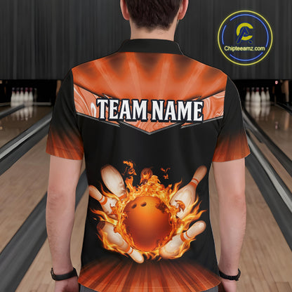 Orange Flame Bowling Team Shirt Customized Polo & Quarter-Zip Bowling Team Jersey for Men QZT838