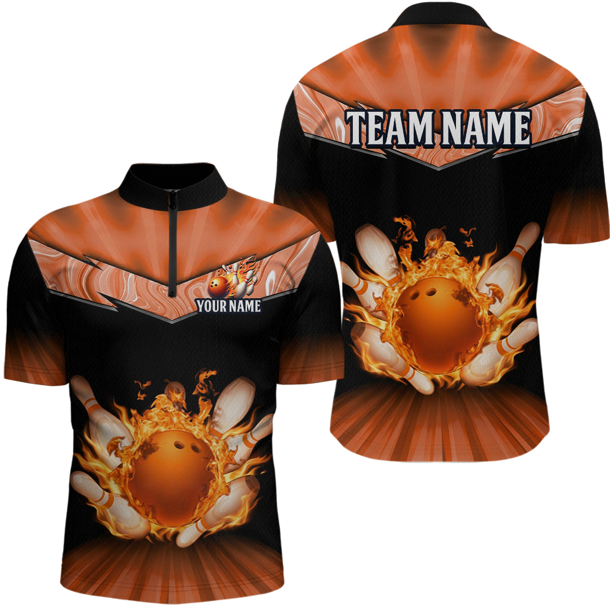 Orange Flame Bowling Team Shirt Customized Polo & Quarter-Zip Bowling Team Jersey for Men QZT838