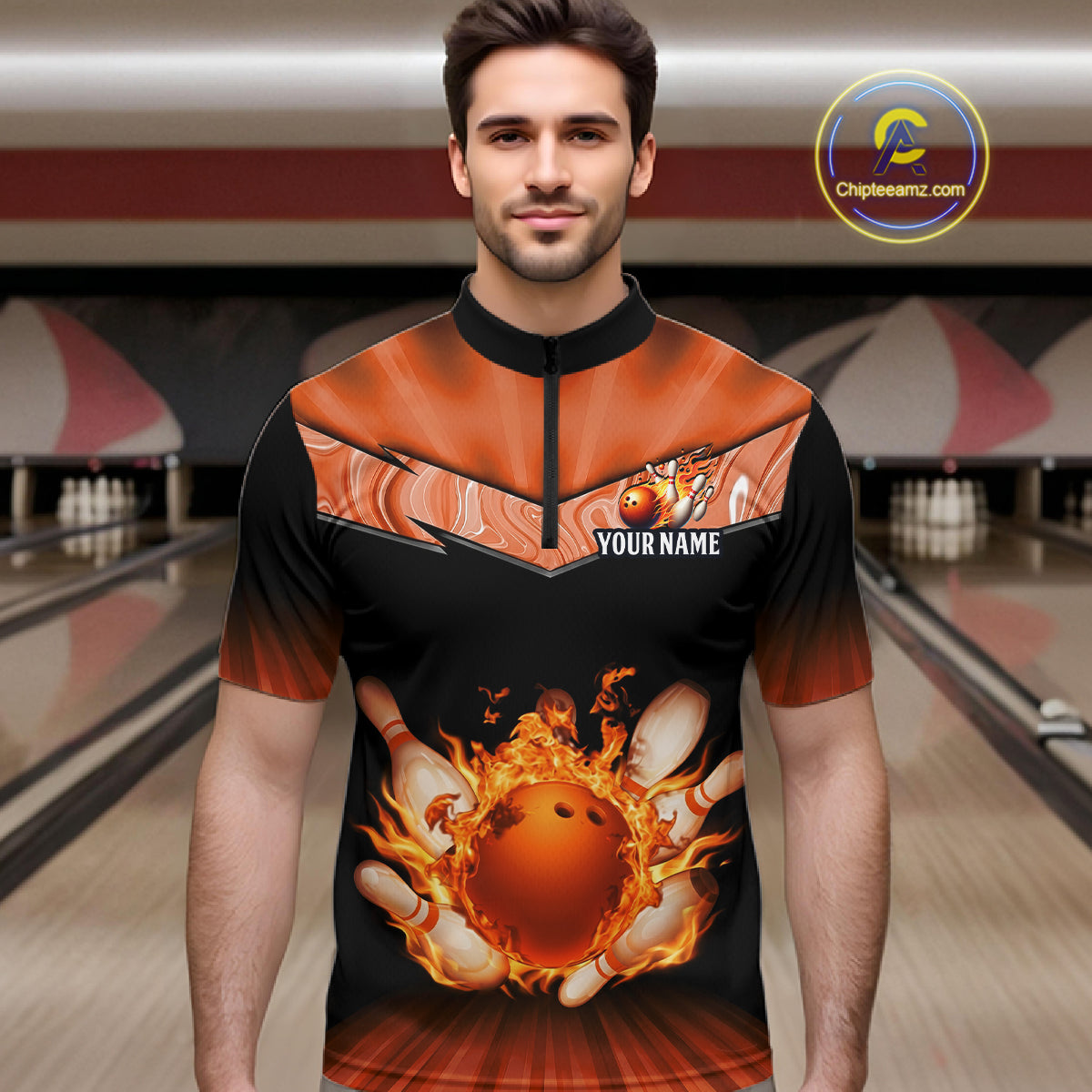 Orange Flame Bowling Team Shirt Customized Polo & Quarter-Zip Bowling Team Jersey for Men QZT838