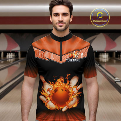 Orange Flame Bowling Team Shirt Customized Polo & Quarter-Zip Bowling Team Jersey for Men QZT838