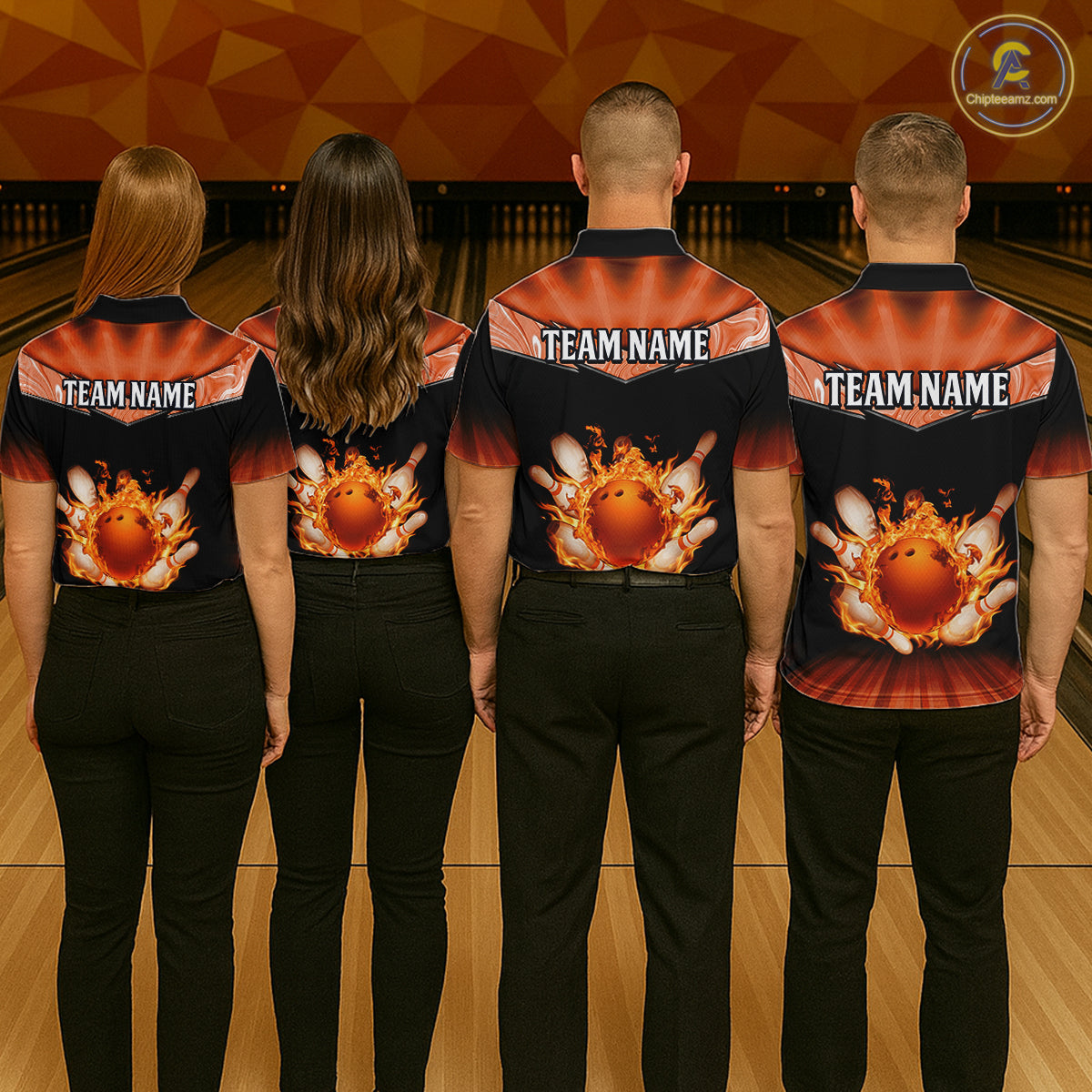 Orange Flame Bowling Team Shirt Customized Polo & Quarter-Zip Bowling Team Jersey for Women QZT838