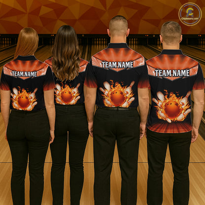 Orange Flame Bowling Team Shirt Customized Polo & Quarter-Zip Bowling Team Jersey for Women QZT838