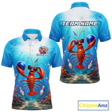 Load image into Gallery viewer, Polo shirt with a lobster design on a blue ocean background, featuring 'Chiptee Amz' branding.