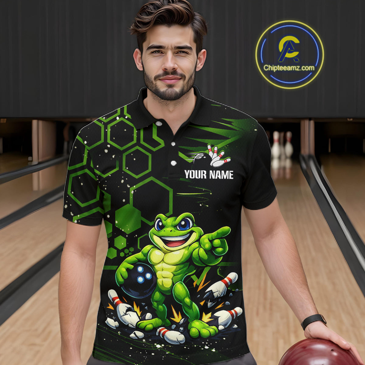 Custom Funny Green Frog Bowling Team Jersey Ugly Bowling Shirt for Men Polo & Quarter-Zip QZT844