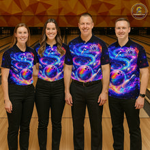 Load image into Gallery viewer, Four people wearing colorful bowling shirts in a bowling alley.