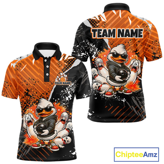 Custom Orange Funny Duck Bowling Team Shirt for Men Bowling League Jersey Polo & Quarter-Zip QZT895