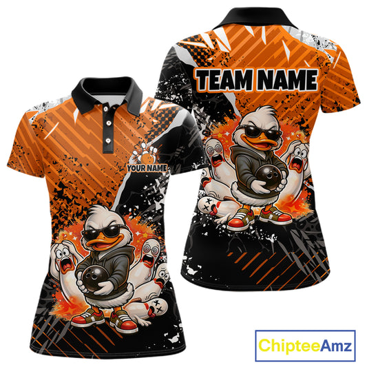 Custom Orange Funny Duck Bowling Team Shirt for Women Bowling League Jersey Polo & Quarter-Zip QZT895