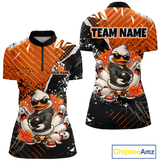 Custom Orange Funny Duck Bowling Team Shirt for Women Bowling League Jersey Polo & Quarter-Zip QZT895