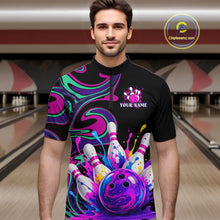Load image into Gallery viewer, Man wearing a colorful bowling-themed shirt with a personalized design in a bowling alley.