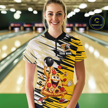 Load image into Gallery viewer, Person wearing a colorful bowling shirt with a pizza design in a bowling alley.