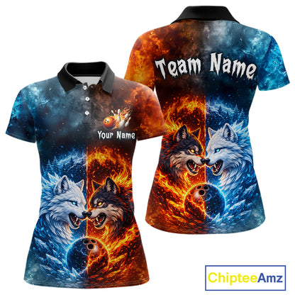 Fire and Ice Wolf Bowling Team Shirt Custom Bowling League Jersey for Women Bowling Polo & 1/4-Zip QZT937
