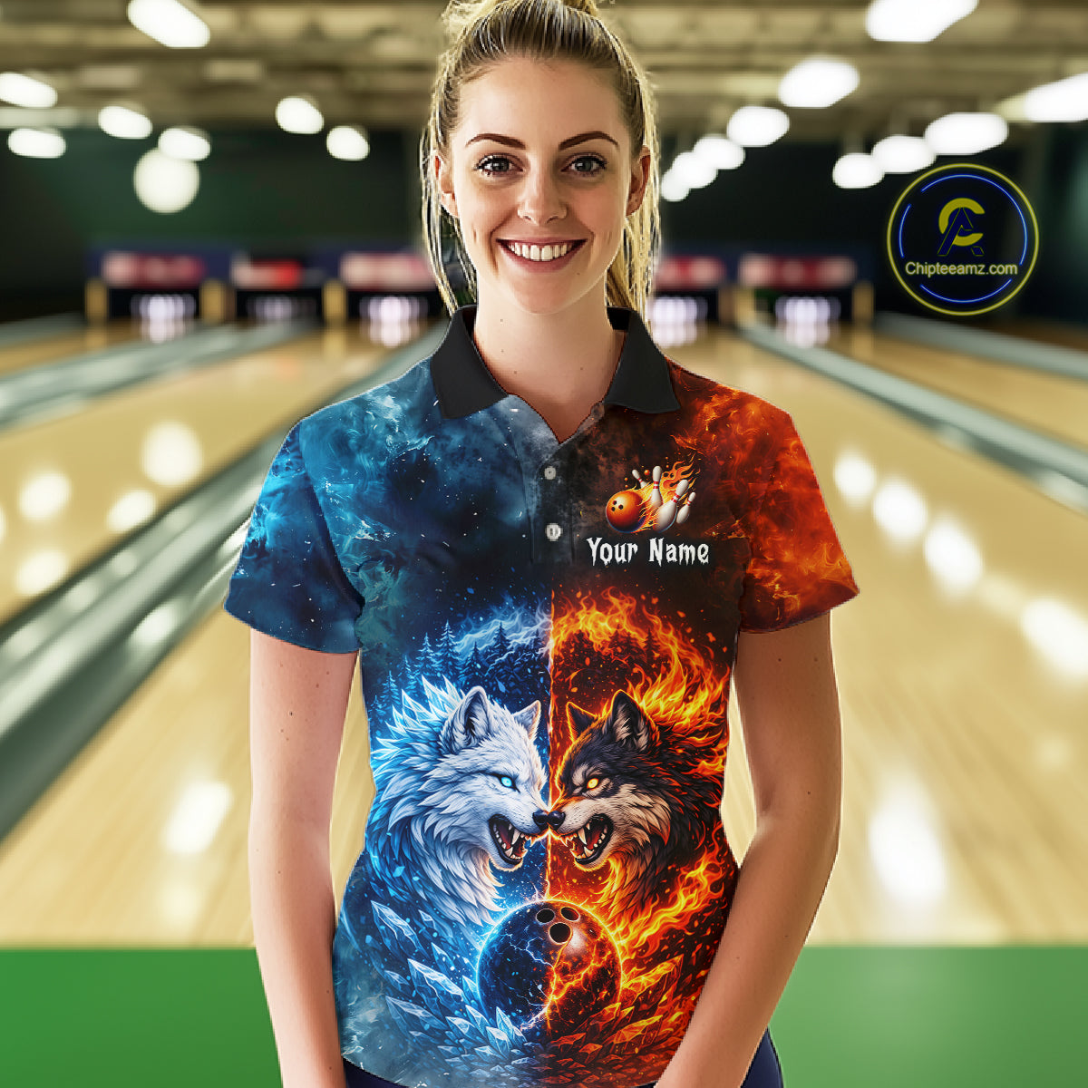 Fire and Ice Wolf Bowling Team Shirt Custom Bowling League Jersey for Women Bowling Polo & 1/4-Zip QZT937