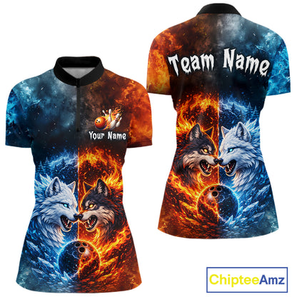 Fire and Ice Wolf Bowling Team Shirt Custom Bowling League Jersey for Women Bowling Polo & 1/4-Zip QZT937