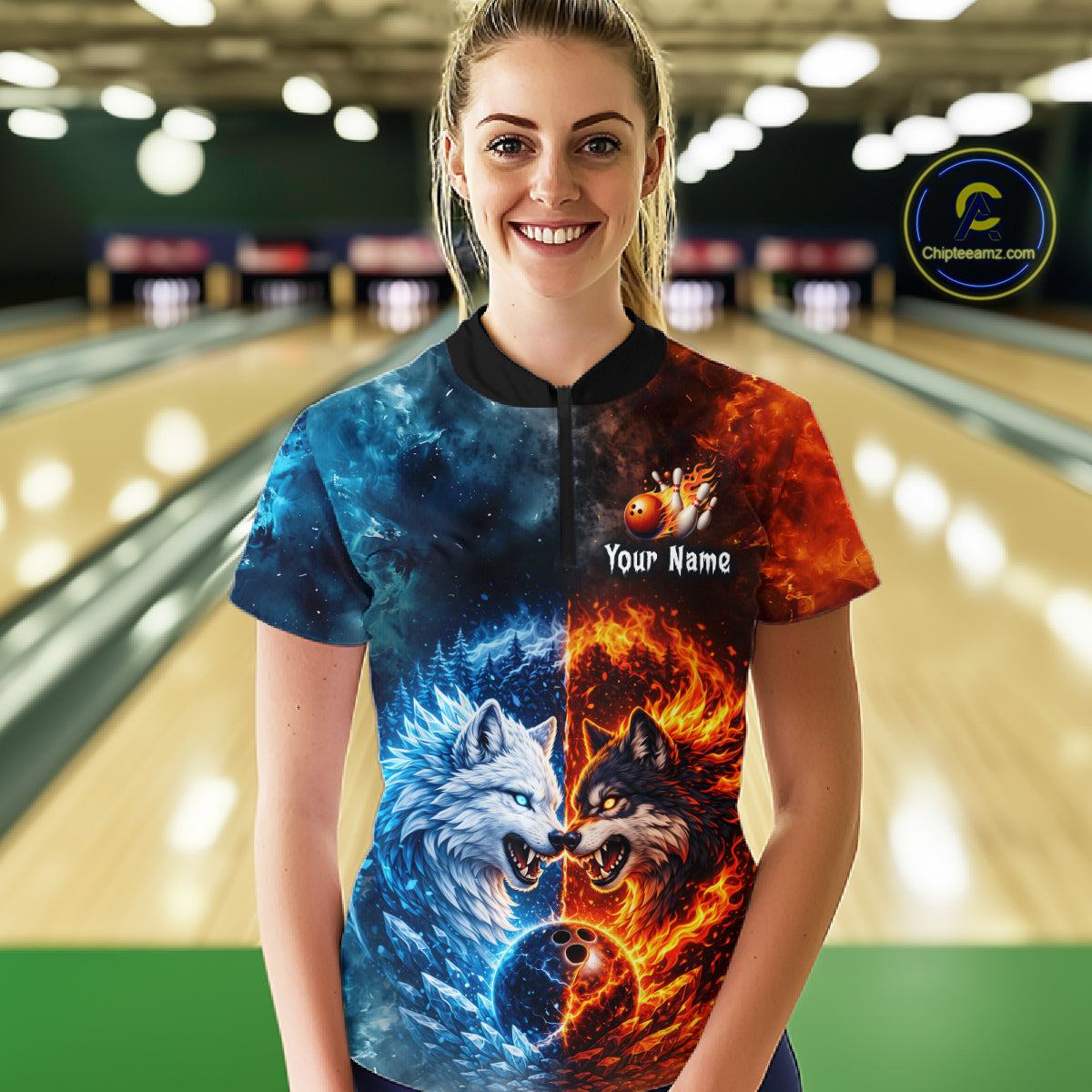 Fire and Ice Wolf Bowling Team Shirt Custom Bowling League Jersey for Women Bowling Polo & 1/4-Zip QZT937
