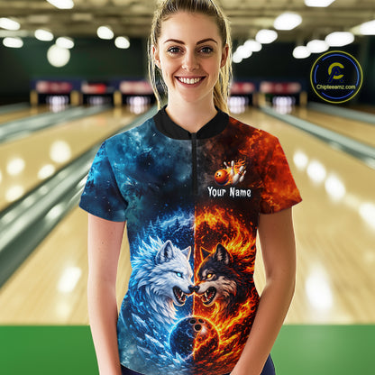 Fire and Ice Wolf Bowling Team Shirt Custom Bowling League Jersey for Women Bowling Polo & 1/4-Zip QZT937
