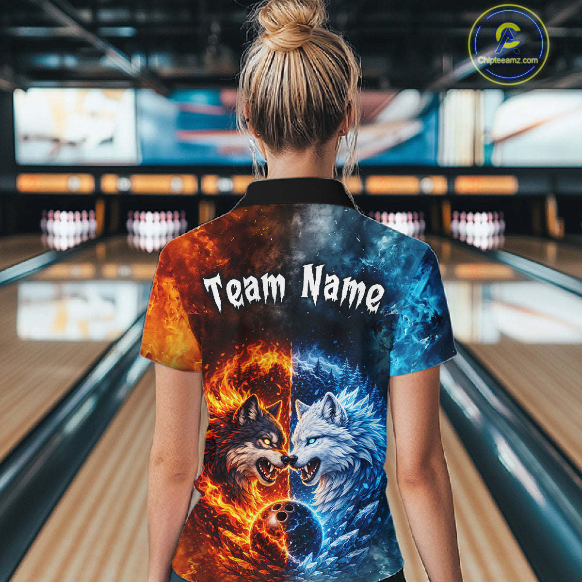 Fire and Ice Wolf Bowling Team Shirt Custom Bowling League Jersey for Women Bowling Polo & 1/4-Zip QZT937