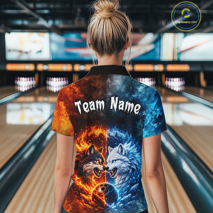 Fire and Ice Wolf Bowling Team Shirt Custom Bowling League Jersey for Women Bowling Polo & 1/4-Zip QZT937