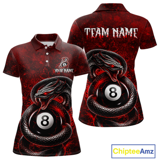 Custom short-sleeve polo shirt shown from front and back on a white background. The shirt features a red and black snakes and 8-ball pool graphic, with 'TEAM NAME' and 'YOUR NAME' placeholder text on the back and front chest respectively.