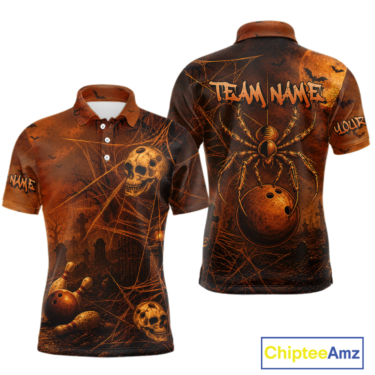Front and back views of a short-sleeve polo shirt featuring a spooky Halloween bowling theme with a large spider, skulls, bowling balls, bats, and web patterns in dark brown and orange tones. The back displays 'TEAM NAME' and 'YOUR NAME' text.