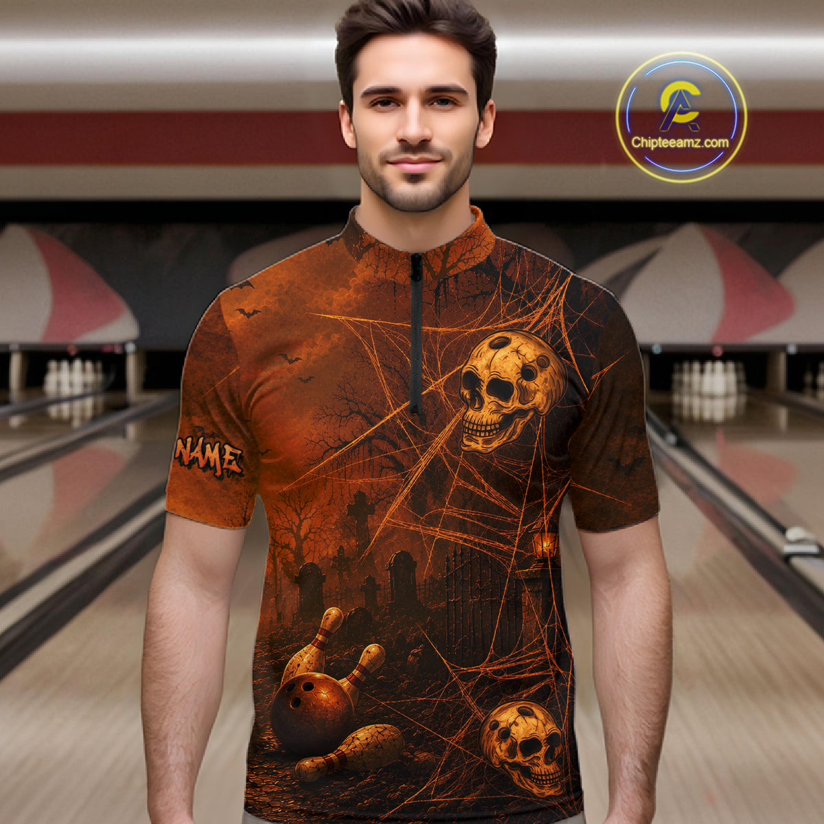A man wearing a short-sleeve half-zip  jersey with a Halloween-themed graphic print featuring skulls, cobwebs, and bowling pins, set against a bowling alley background. 