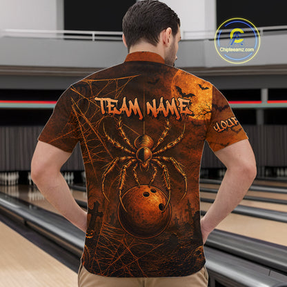 A man viewed from behind wearing a short-sleeve bowling-themed shirt with a large spider and bowling ball graphic on the back, standing in a bowling alley. The shirt has 'TEAM NAME' printed across the upper back 