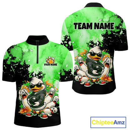 Front and back views of a short-sleeve athletic quarter-zip shirt with a bright green and black watercolor splatter design, featuring cartoon ducks, bowling pins, bowling balls, and customizable text placeholders 'YOUR NAME' and 'TEAM NAME'.
