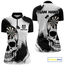 Load image into Gallery viewer, Personalized Skull Dart Shirts for Women Custom Black &amp; White Dart Jersey Polo &amp; Quarter-Zip Dartboard Shirt DHT24