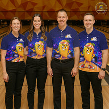 Load image into Gallery viewer, Four people wearing matching blue shirts with a cartoon character on a bowling alley.