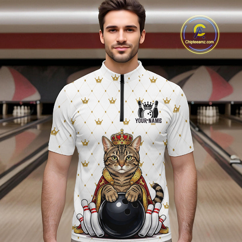 Funny Cat King Bowling Shirt, Custom Crown Bowling League Jersey for Men, Bowling Outfit QZT1202