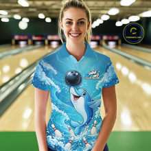 Load image into Gallery viewer, Custom Funny Dolphin Bowling Polo Shirt Blue Ocean Team Jersey Bowling Outfit for Women QZT857