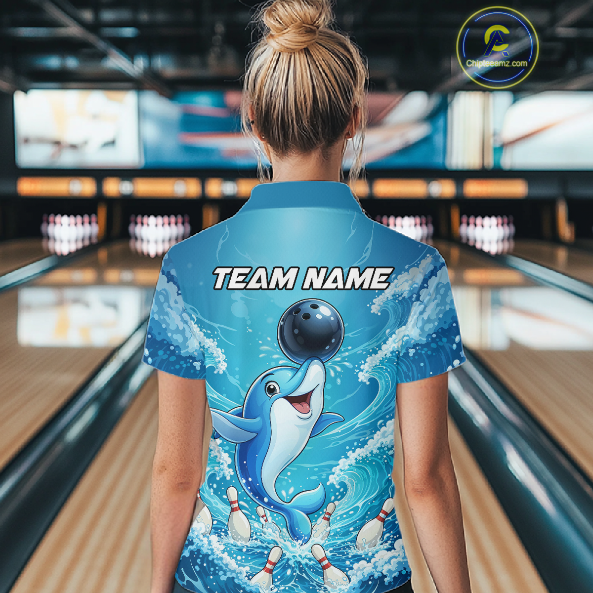 Custom Funny Dolphin Bowling Polo Shirt Blue Ocean Team Jersey Bowling Outfit for Women QZT857