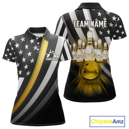 Custom Gold American Flag Bowling Shirt for Men Bowling Team Jersey Bowling Outfit QZT1200