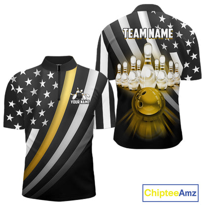 Custom Gold American Flag Bowling Shirt for Women Bowling Team Jersey Bowling Outfit QZT1200