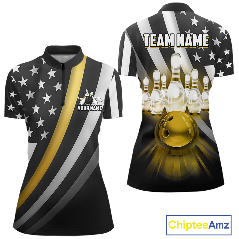 Custom Gold American Flag Bowling Shirt for Men Bowling Team Jersey Bowling Outfit QZT1200