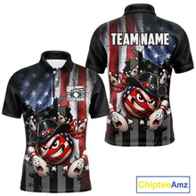 Load image into Gallery viewer, Polo shirt with American flag design and cartoon bowling ball character, featuring 'Chiptee Amz' branding.