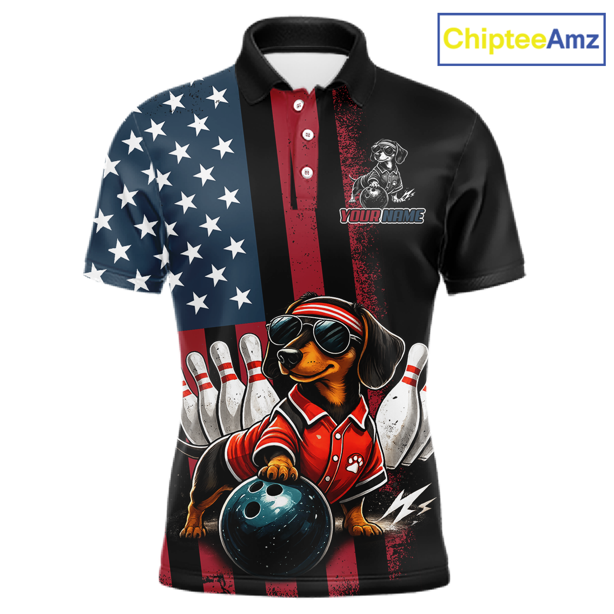 Polo shirt with dachshund graphic, American flag design, and 'ChipteeAmz' branding.