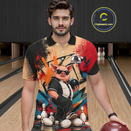 Funny Pig Bowling Shirt for Men Colorful Paint Splatter Bowling Team Jersey QZT1211